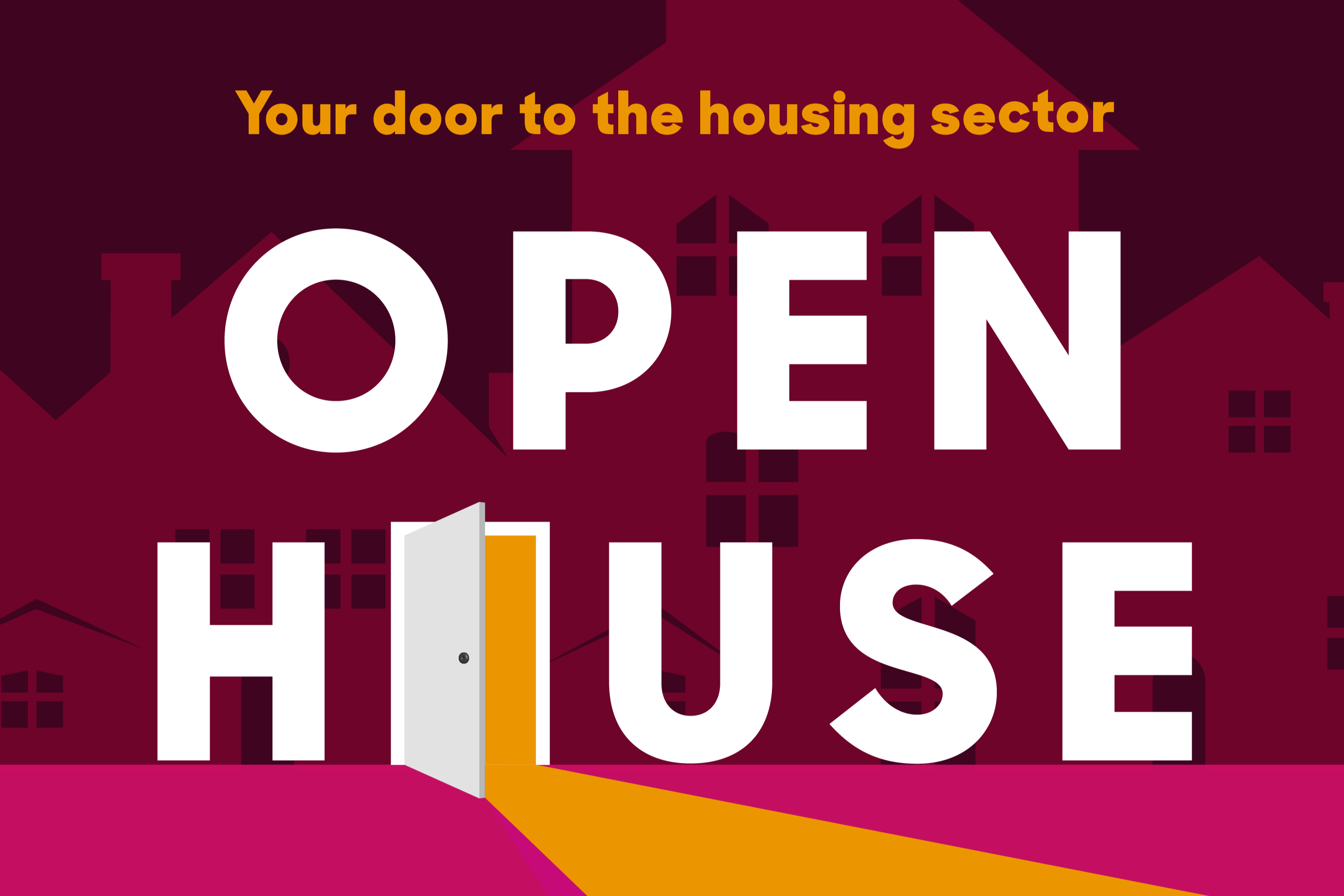 Cover art for Flagship's podcast Open House. It shows OPEN HOUSE in block white letters, with an open door casting light in place of the 'O' in house. The tagline 'Your door to the housing sector' is above