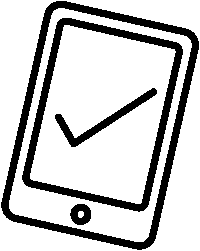 black outline graphic of a mobile phone with a tick on the screen