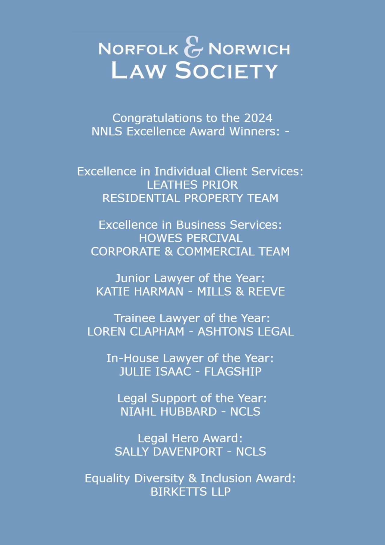 The full list of winners from the Norfolk and Norwich Law Society Excellence Awards (credit: NNLS)