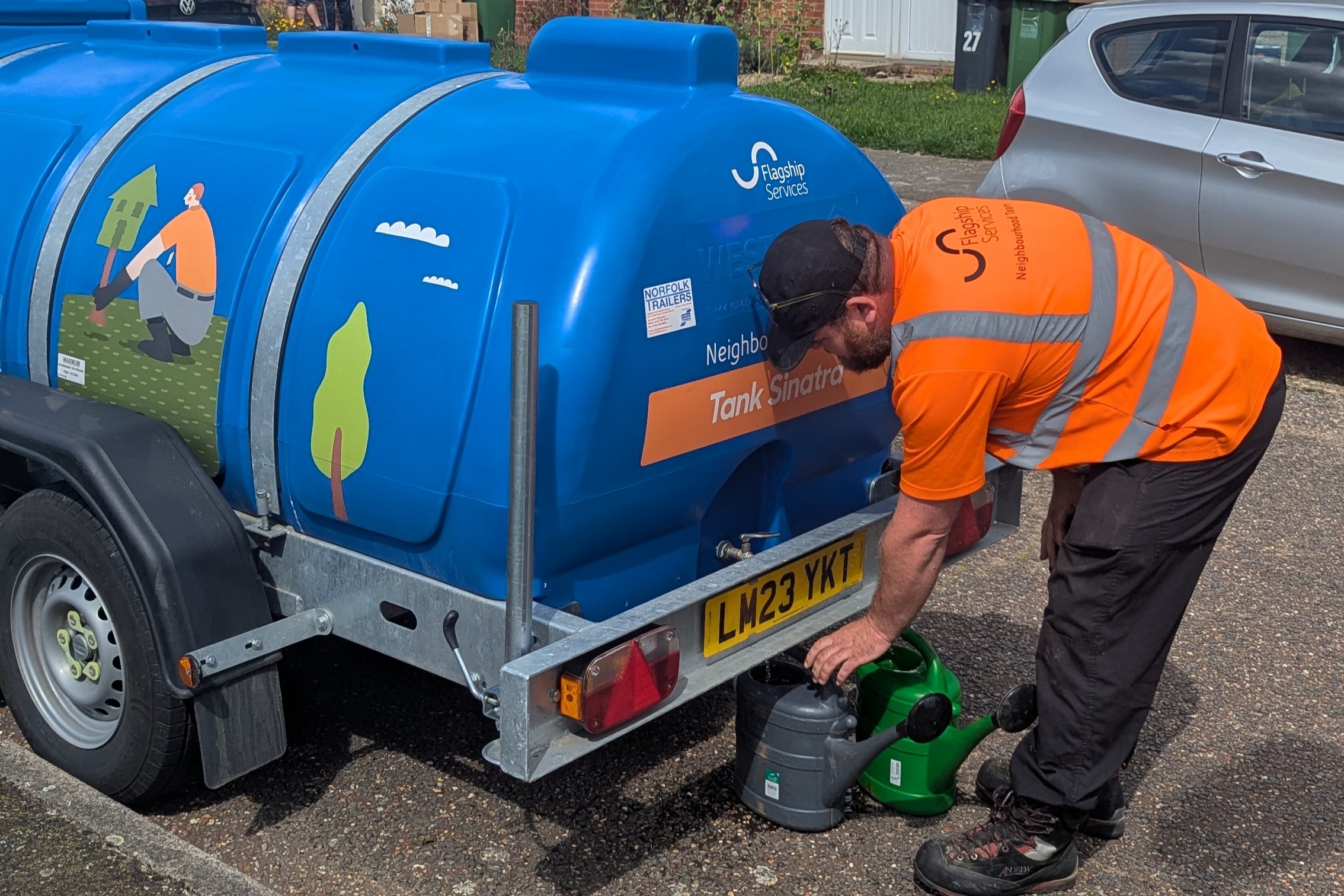 Watering cans are filled directly from the bowser, which is itself filled by recycling wastewater from housing developments