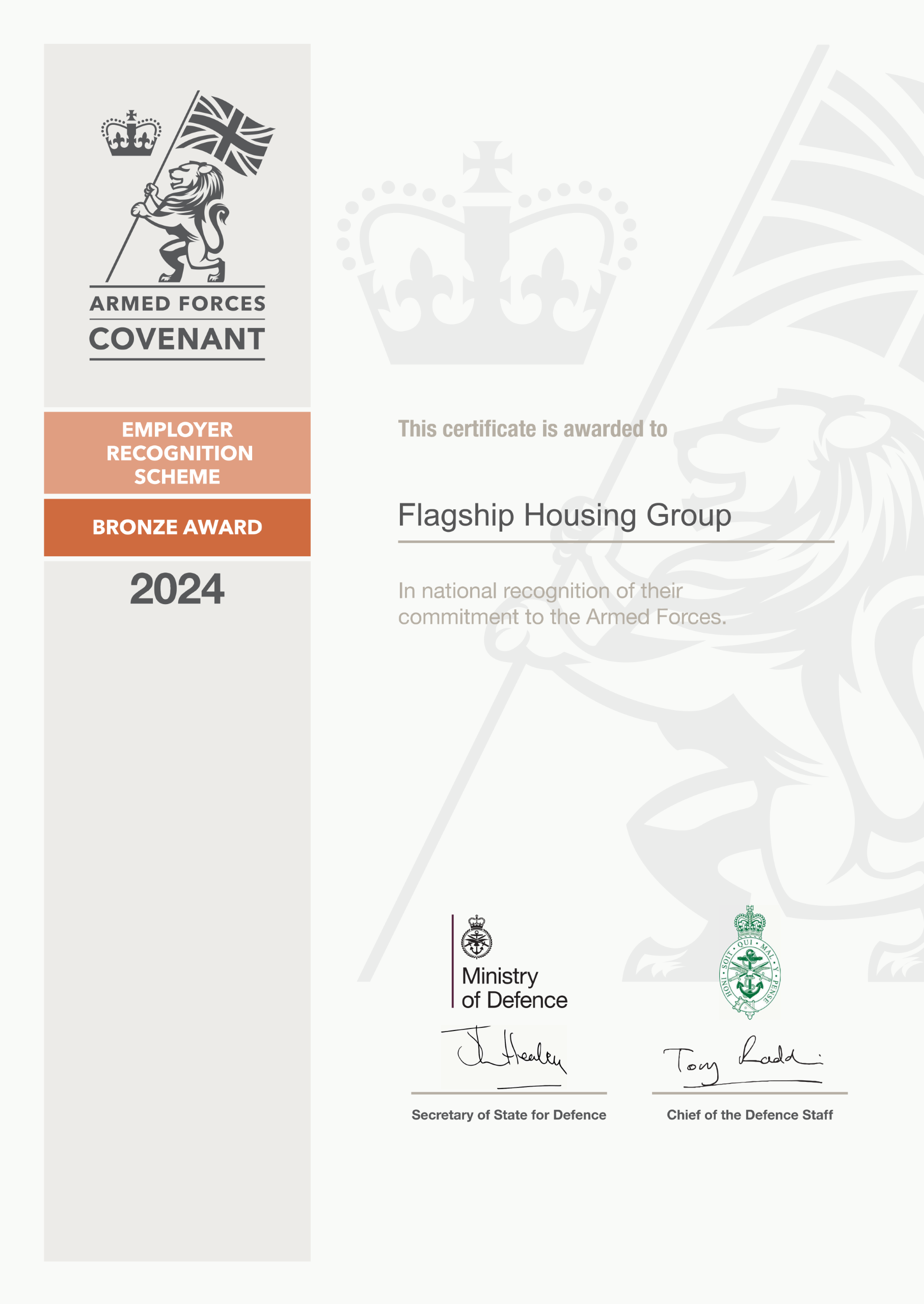 Flagship Group's Bronze certificate for the Defence Employers Recognition Scheme