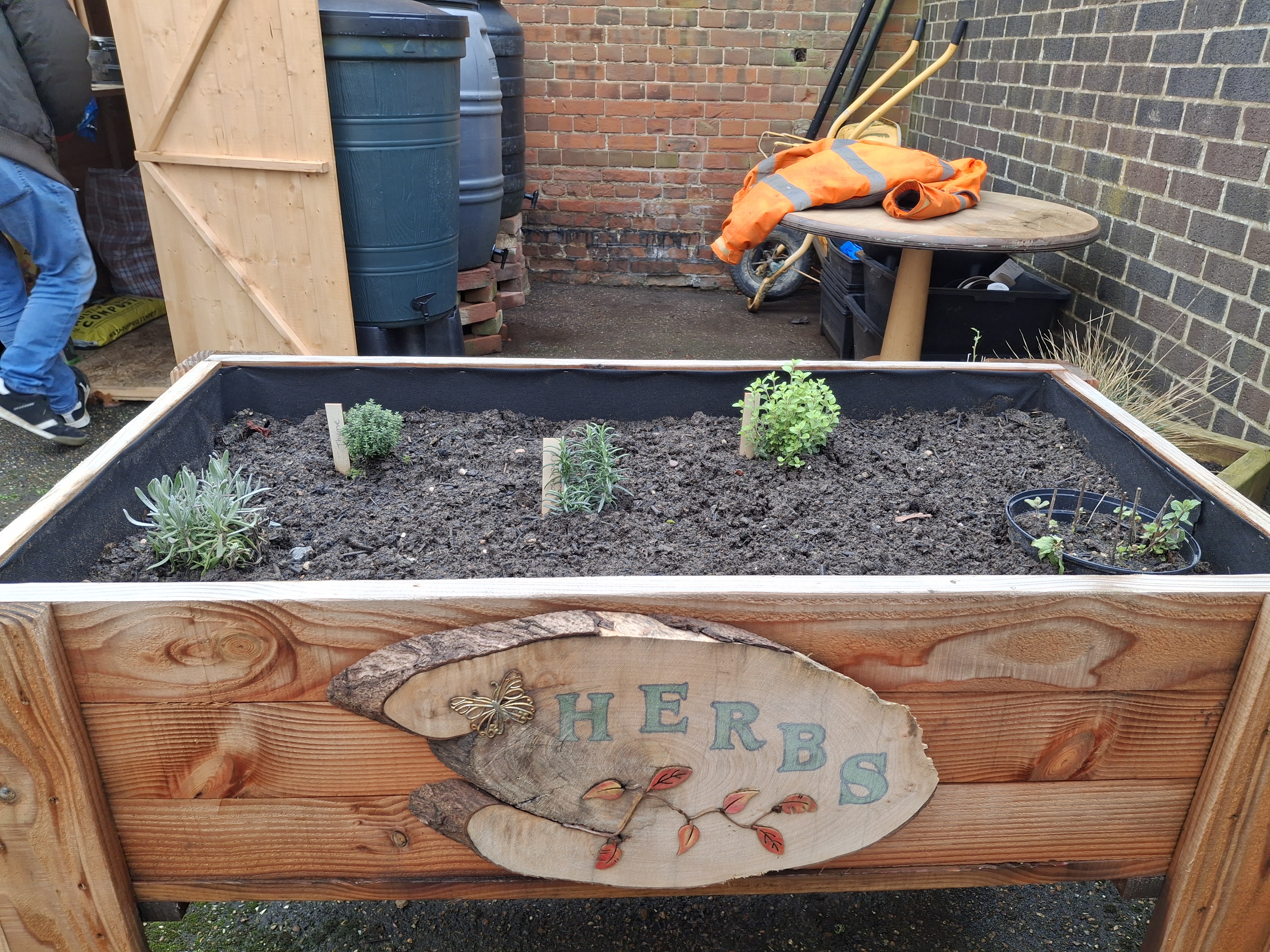 An herb garden container now filled with plants following the urban gardening workshop