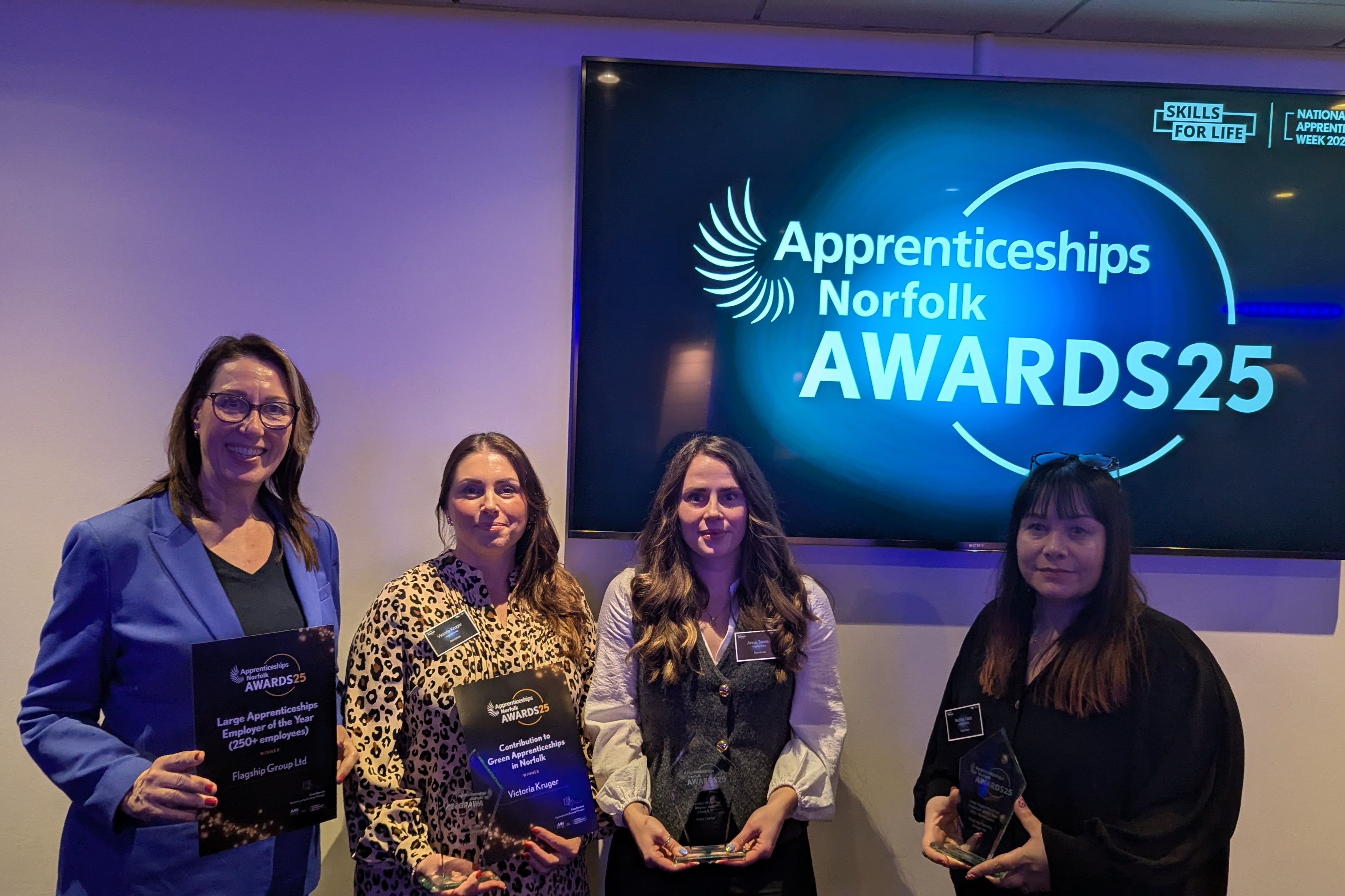L-R Flagship director of people and culture Lisa Collen, environmental & sustainability manager Victoria Kruger, head of employee experience Anna Tanner, and head of group Academy Nadine Tapp, all posing with their awards and certificates at the Norfolk Apprenticeship Awards